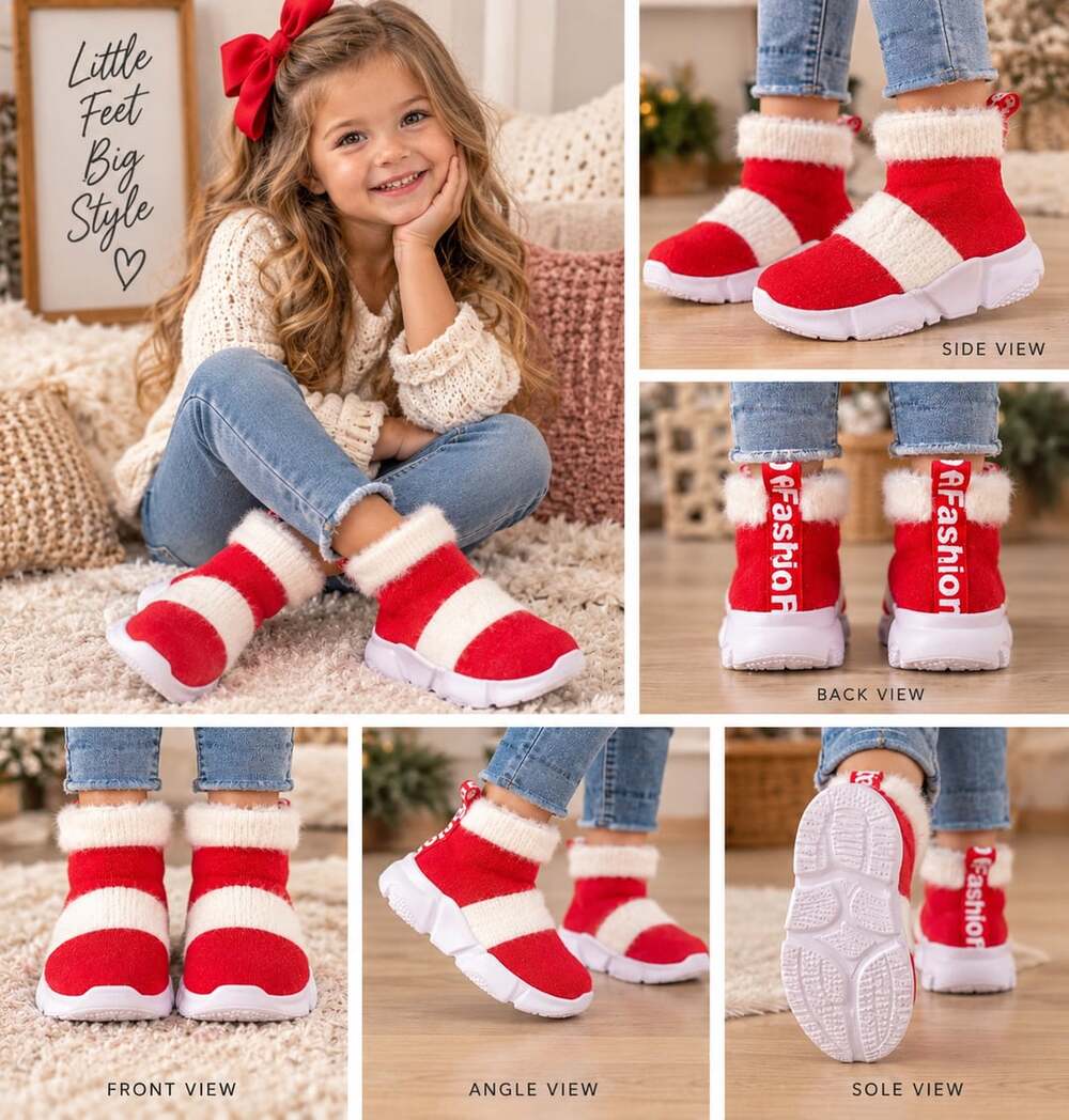Kids Red White Christmas Faux Fur Sock Sneakers Walking Shoes Size 33 or 4.5